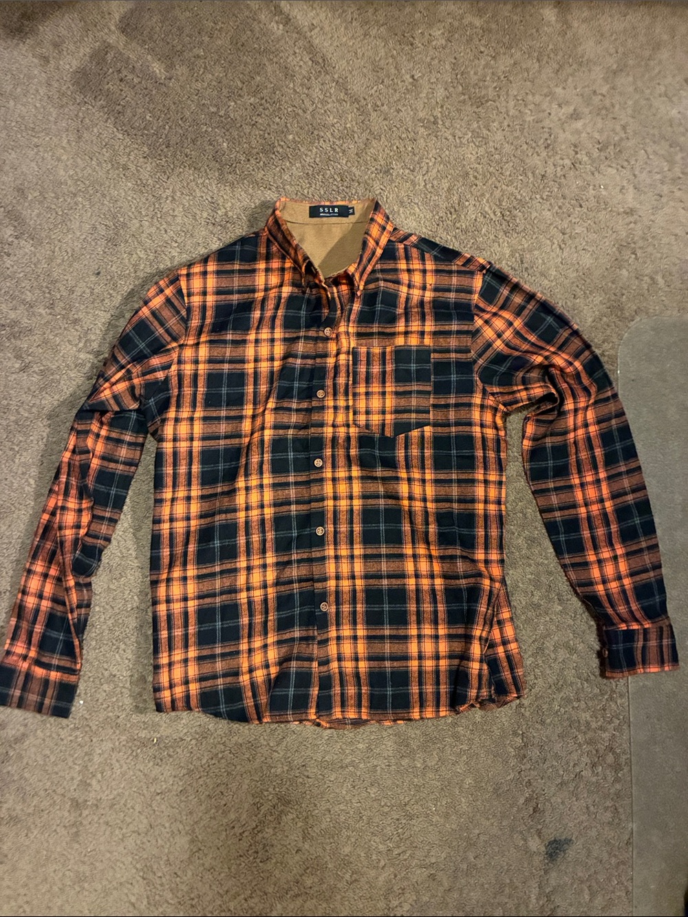 Men's Black and Orange Plaid Long-Sleeve Shirt